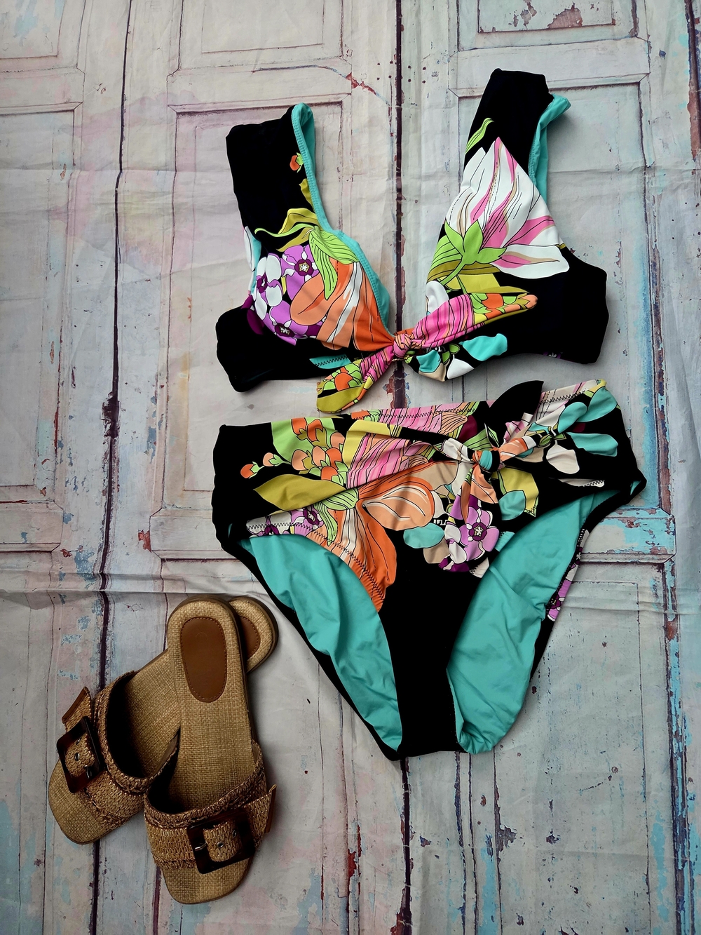 Trina Turk Black Floral Swim Top with Turquoise Lining